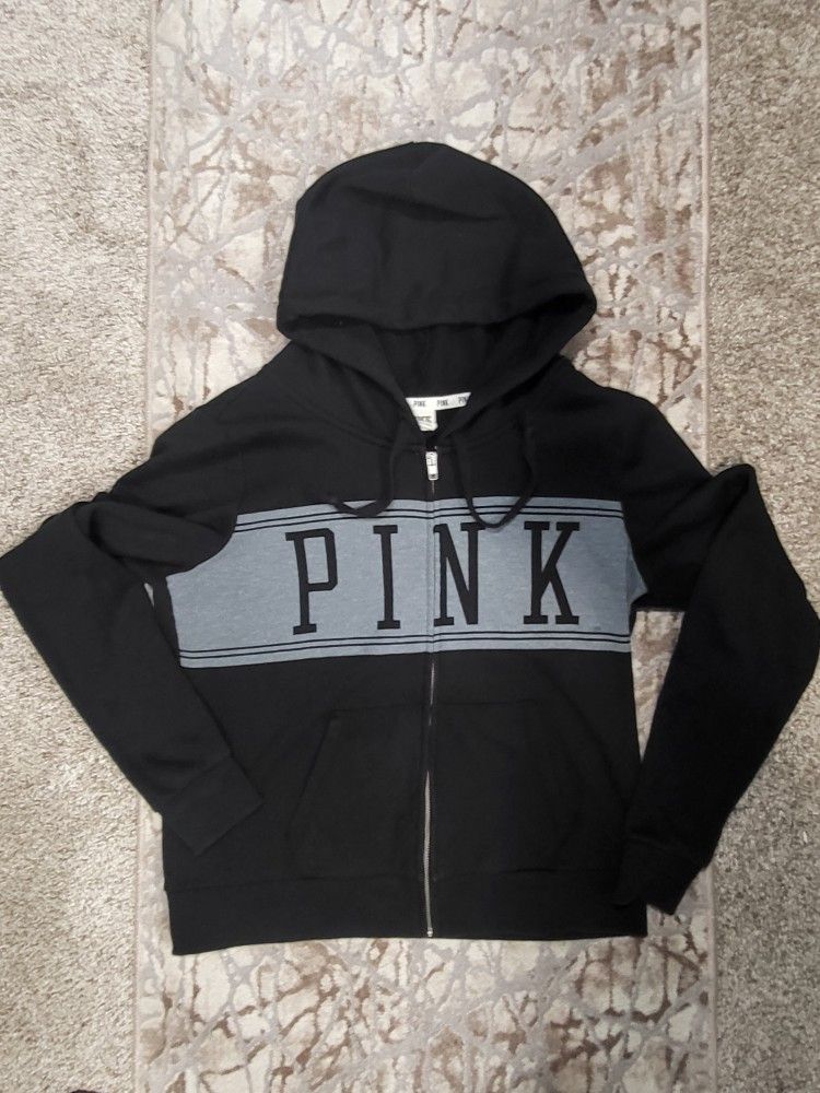 Victoria Secret Pink Black Gray Zip Jacket Hoodie Large