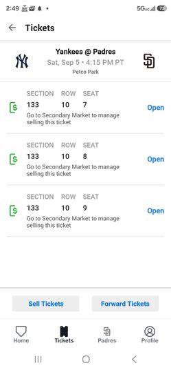 Yankees vs Padres 3 Tickets Sep 5