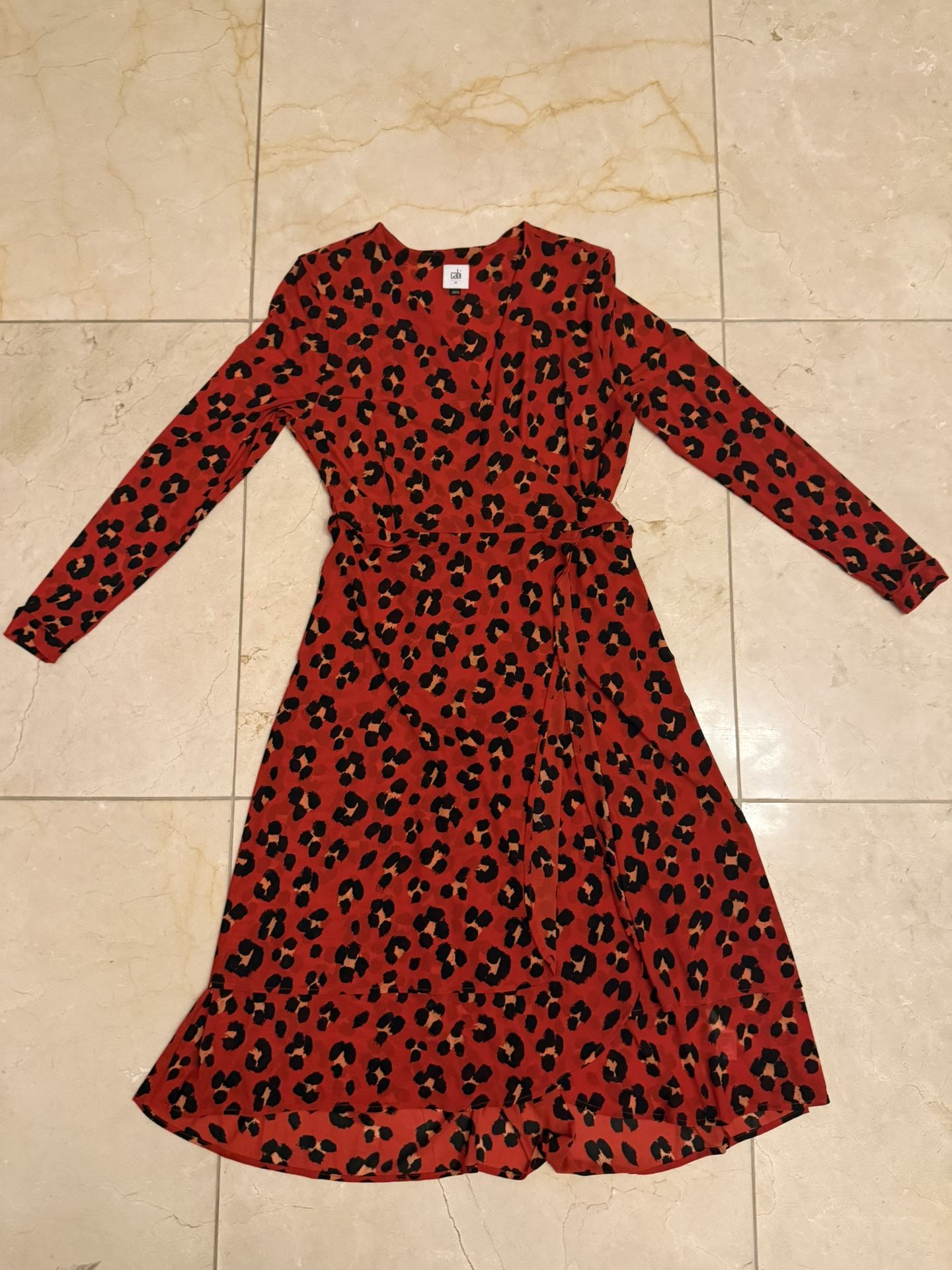 Cabi 5771 Siren Wrap MIDI Dress Womens Size M Red Leopard Print Long Sleeve