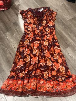 Old Navy orange and brown floral print dress with ruffle hem, size L