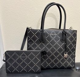 Michael Kors Black Silver rivets Large Mercer Crossbody Tote Bag Purse W/ Lg Wristlet Wallet