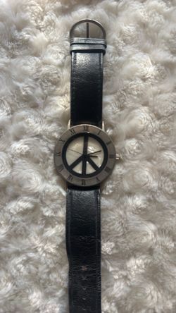Peace Sign Dial Wristwatch Black Leather Strap