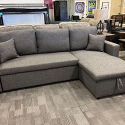 Grey Linen Sectional Sofa Pullout Bed With Storage 