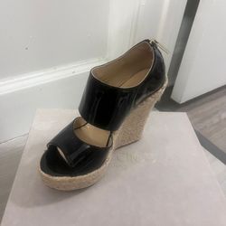 Jimmy Choo Sandals Black Patent Espadrille Sling back  Wedge Size 36