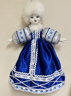 Russian Porcelain Doll White Fur Hat Blue Velvet & Sparkle Dress Black Boots 16”