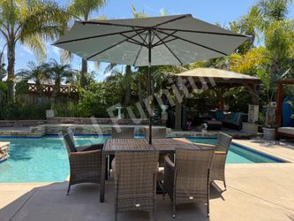 NEW🔥Outdoor Patio Furniture Dining Set 7 Pc Grey Wicker Wood 10' LED Solar Umbrella with stand