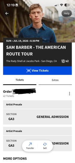 Sam Barber Tickets x 2