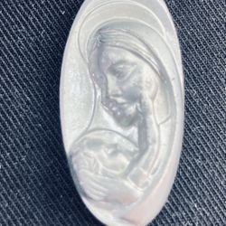 Vintage Religious Metal Madonna & Child  silver Tone Diamond Cut Charm Pendant