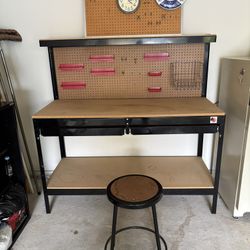 Heavy Duty Steel Gorilla Rack Workbench Garage Workshop Setup, excellent condition.  Workbench: 60”W X 25”D, 37”H to work area, 60”H to top shelf, wor