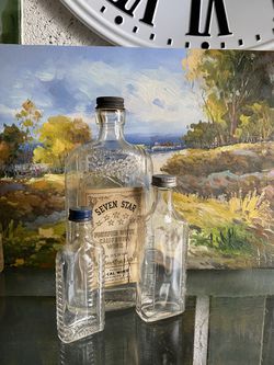 3 vintage glass bottles,pharmaceutical, wine, original caps,4”-9”,display