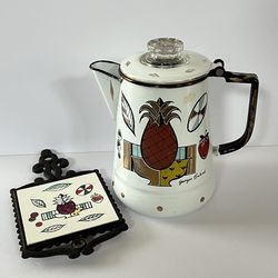 Vintage Georges Briard Enamel Coffe pot With Cast Iron Trivet 