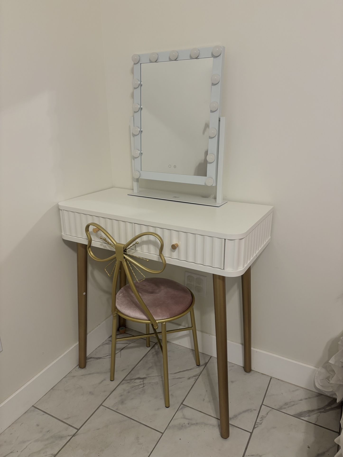 White Makeup Table/Vanity w/ Mirror & Chair