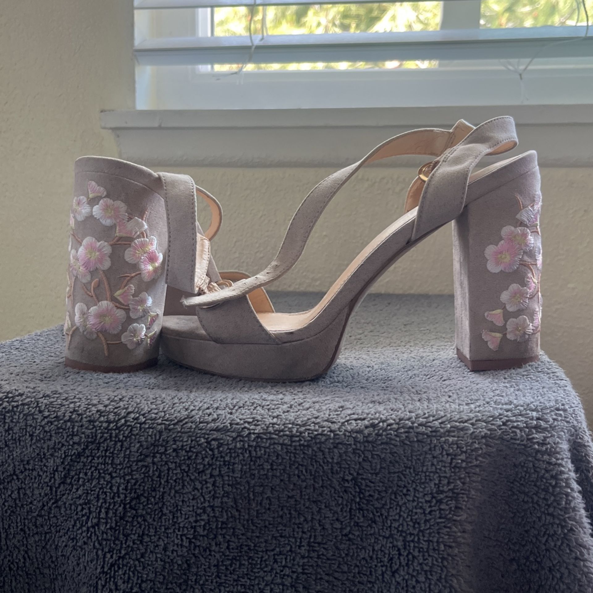 Pink Block Heels with Flower Designs