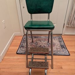 Vintage Green Vinyl and Chrome Metal Cosco Step Stool Chair