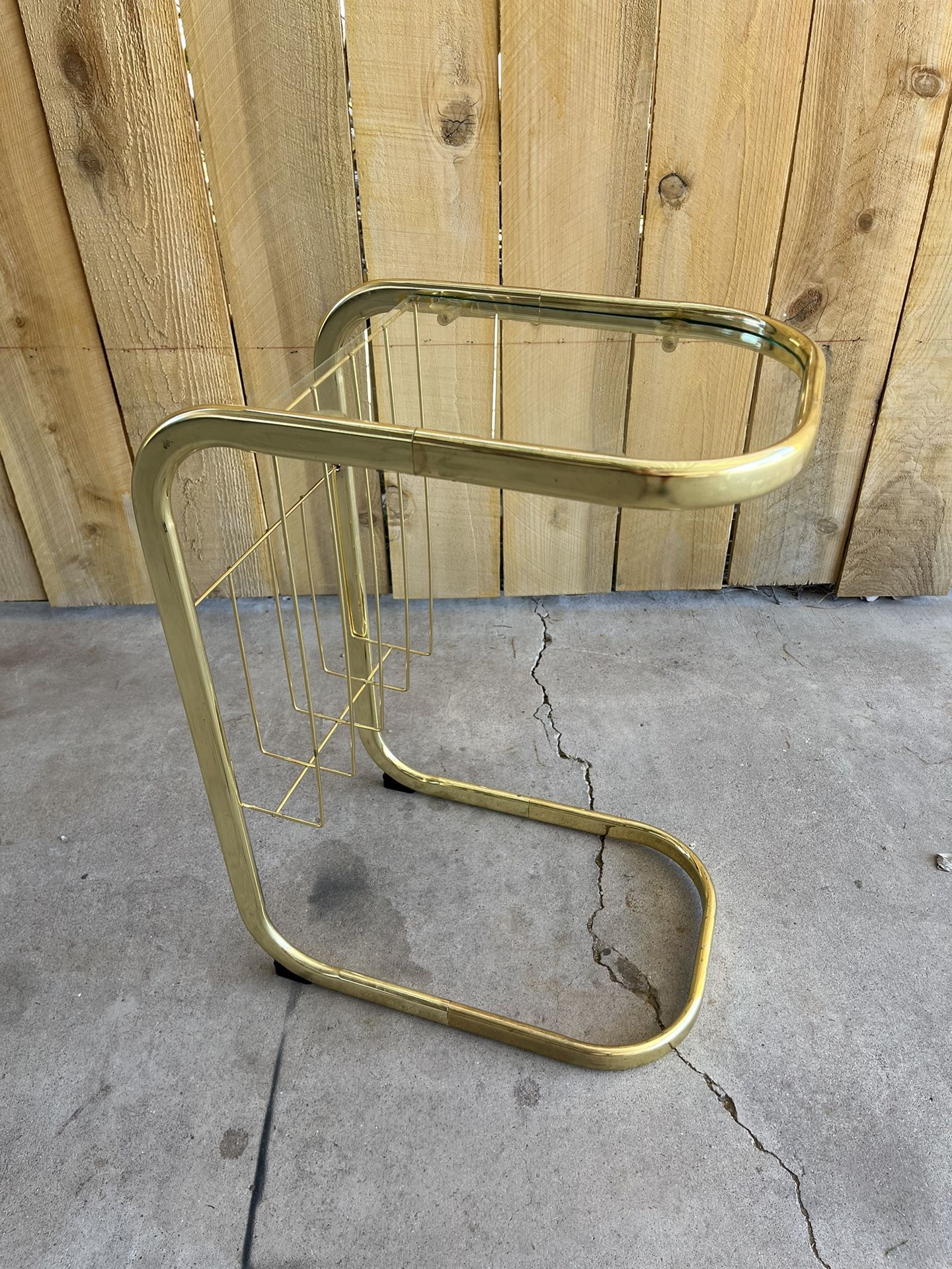 Vintage Gold Metal Pill Shaped Side Table with Magazine Rack