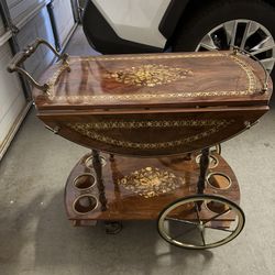 Vintage Italian, Inlaid Wood, Drop-Leaf Bar or Tea Cart