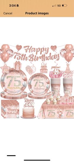 201 PCS Happy 75th Birthday Decorations Tableware Set Rose Gold, With Banner, Cake Topper, Plates and Napkins, 75th Birthday Decorations for Women, Se