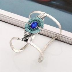 Ladies Vintage Attractive Gem Inlaid Geometric Cuff Design Bangle Bracelet/Sliver Tone Blue