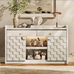 Modern Wood Coffee Bar with Drawers & Door Rack, Large Accent Storage Cabinets with Adjustable Shelv