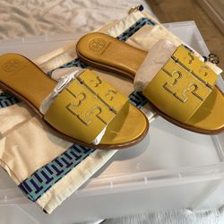Tory Burch Yellow Leather Slides Size 8