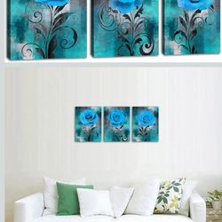 Blue Rose Canvas Wall Art Set – 3 Panels (12" x 16")