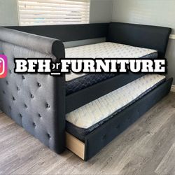 Twin/Twin Gray European Style Tufted Daybed w. Orthopedic Mattresses Included 