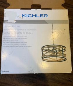 New Kichler Stetton 3 Light Anvil Iron and Distressed Farm House Drum Medium Hanging Pendant Light