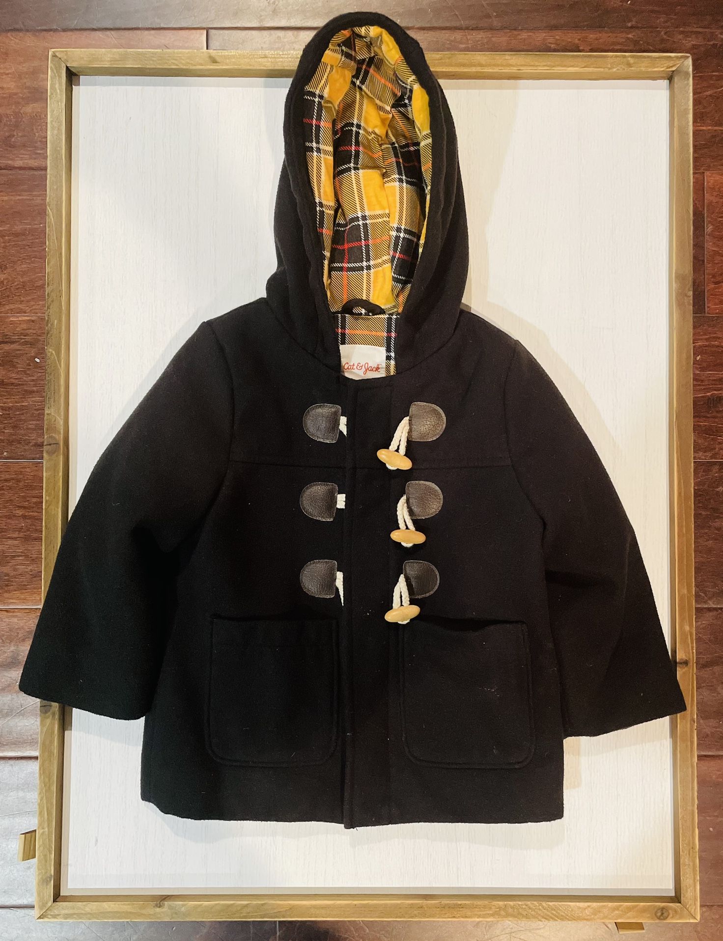 Cat & Jack 2T Boys' Black Fashion Dress Coat Jacket; Outside Color: Black; Inside Color: Plaid Pattern with Yellow