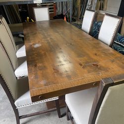 PEDESTAL FARM TABLE, SOLID WOOD, CUSTOM MADE, HAND CRAFTED & 7 CHAIRS