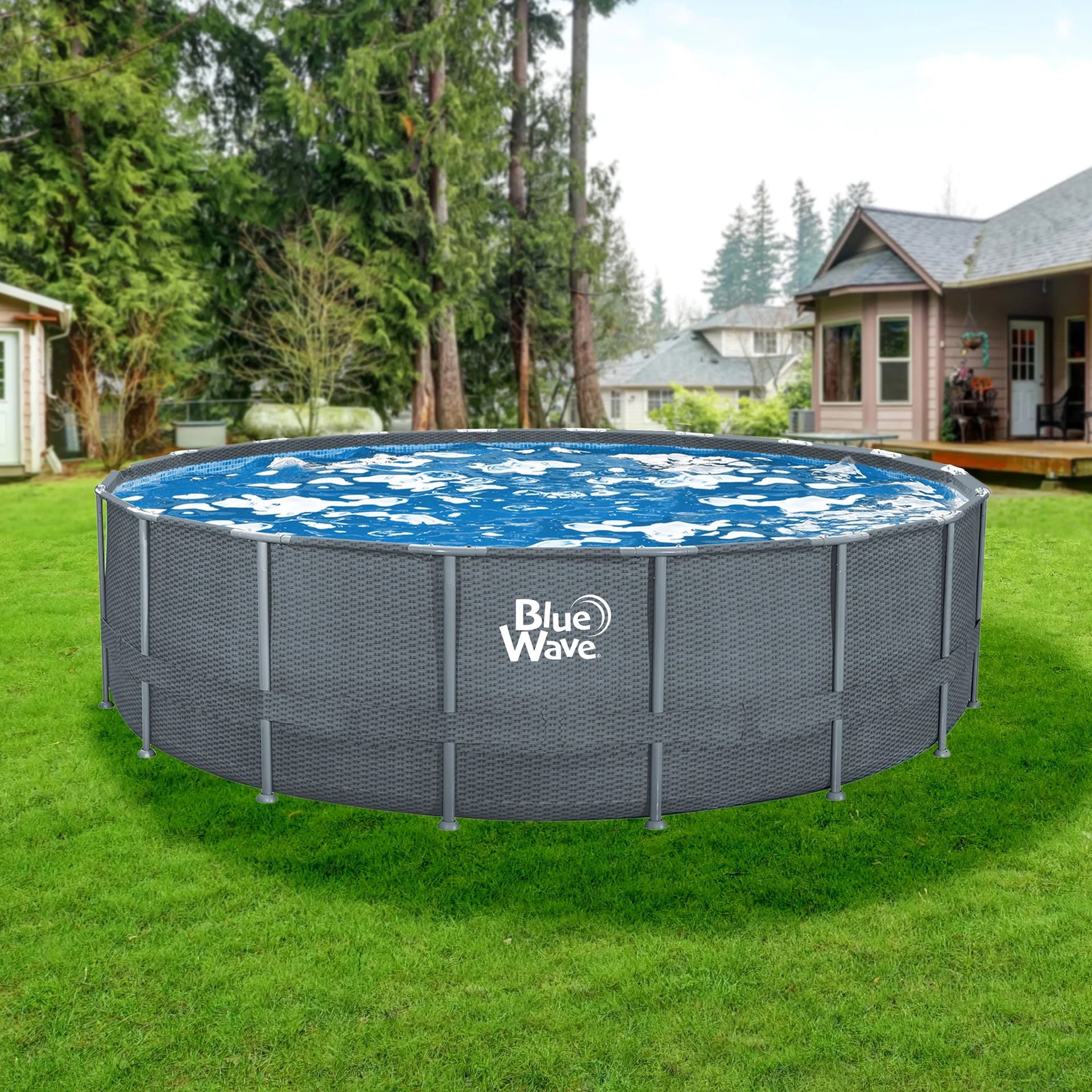 Blue Wave Gray Rattan 18-ft Round 52-in Deep Frame Above Ground Swimming Pool Package with Cover