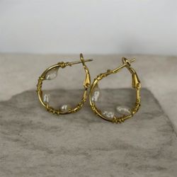 Wire Wrapped Hoop Earrings 18K Gold Plated Genuine Pearl Affordable Chic Jewelry
