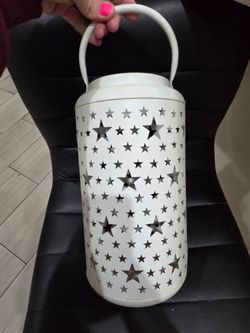 White Metal Star Cutout Lantern Cylindrical Candle Holder with Handle Americana