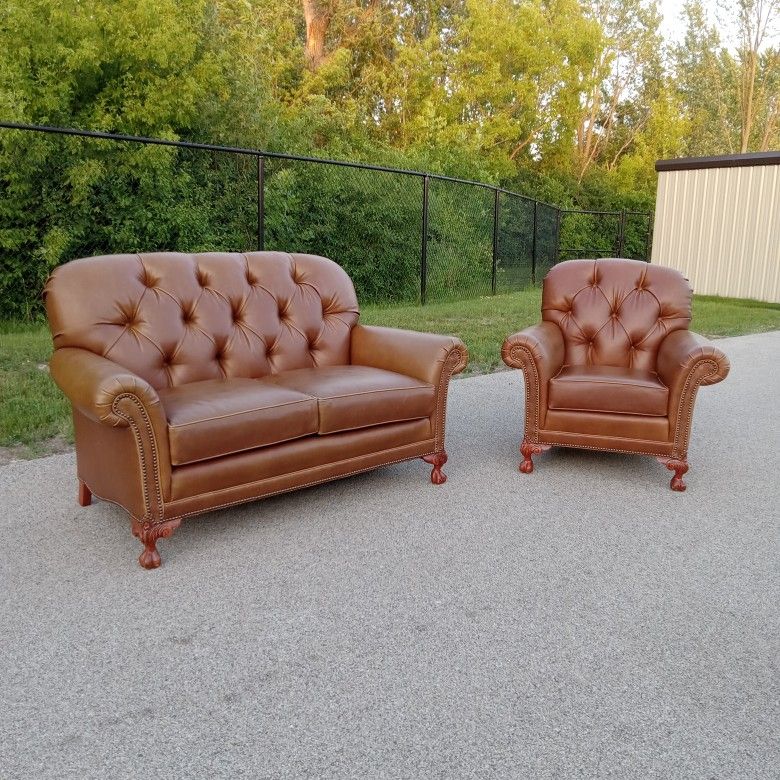 High-End Chesterfield Leather Sofa & Chair - Free Delivery Today - Made In North Carolina