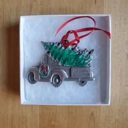 Gloria Duchin "Season's Greetings" Retro Pewter Pickup Truck and Tree Christmas Ornament