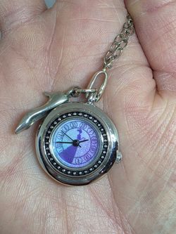 Disney Cinderella Broadway Watch Slipper Charm Necklace Silver Purple 24" Chain - Working