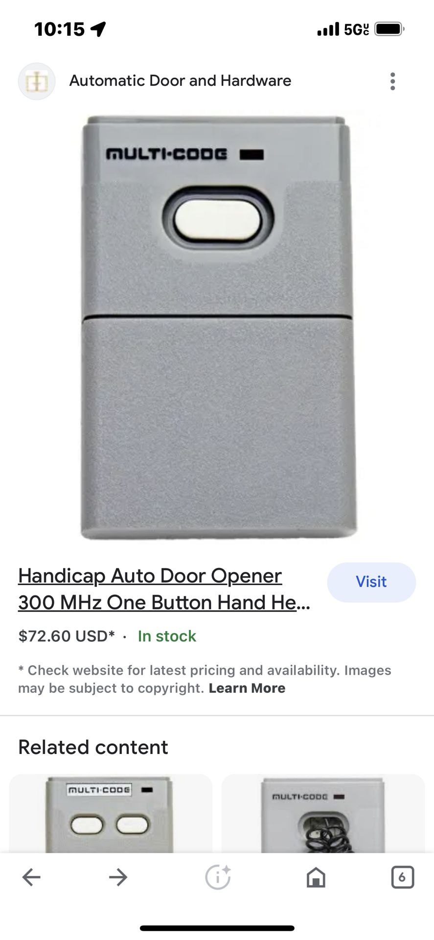 Handicap Auto Door Opener 300 MHz One Button Hand-Held