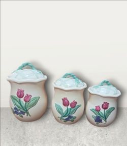 Vtg canisters ceramic pottery tulips
