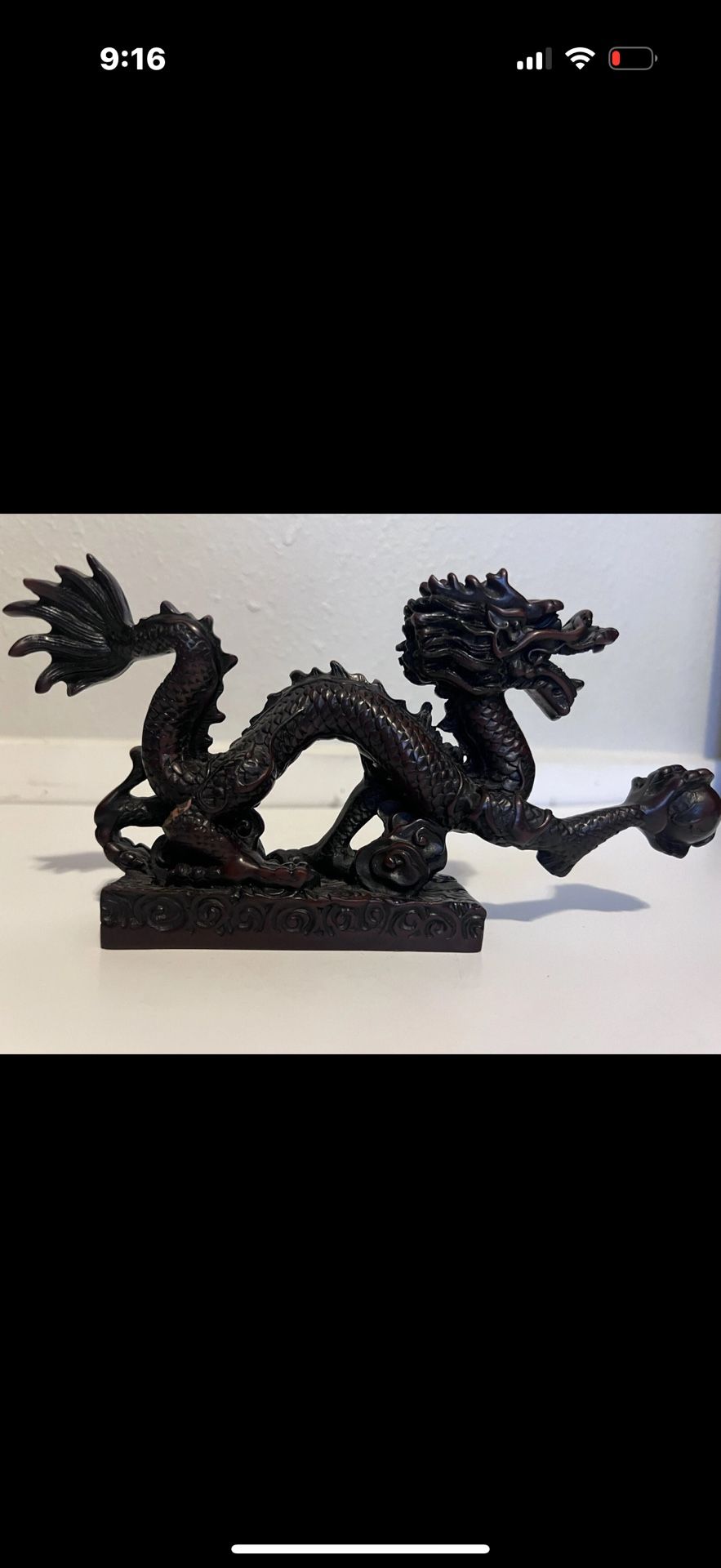 Chinese dragon w/pearl good luck resin figure 5" tall 9” Long