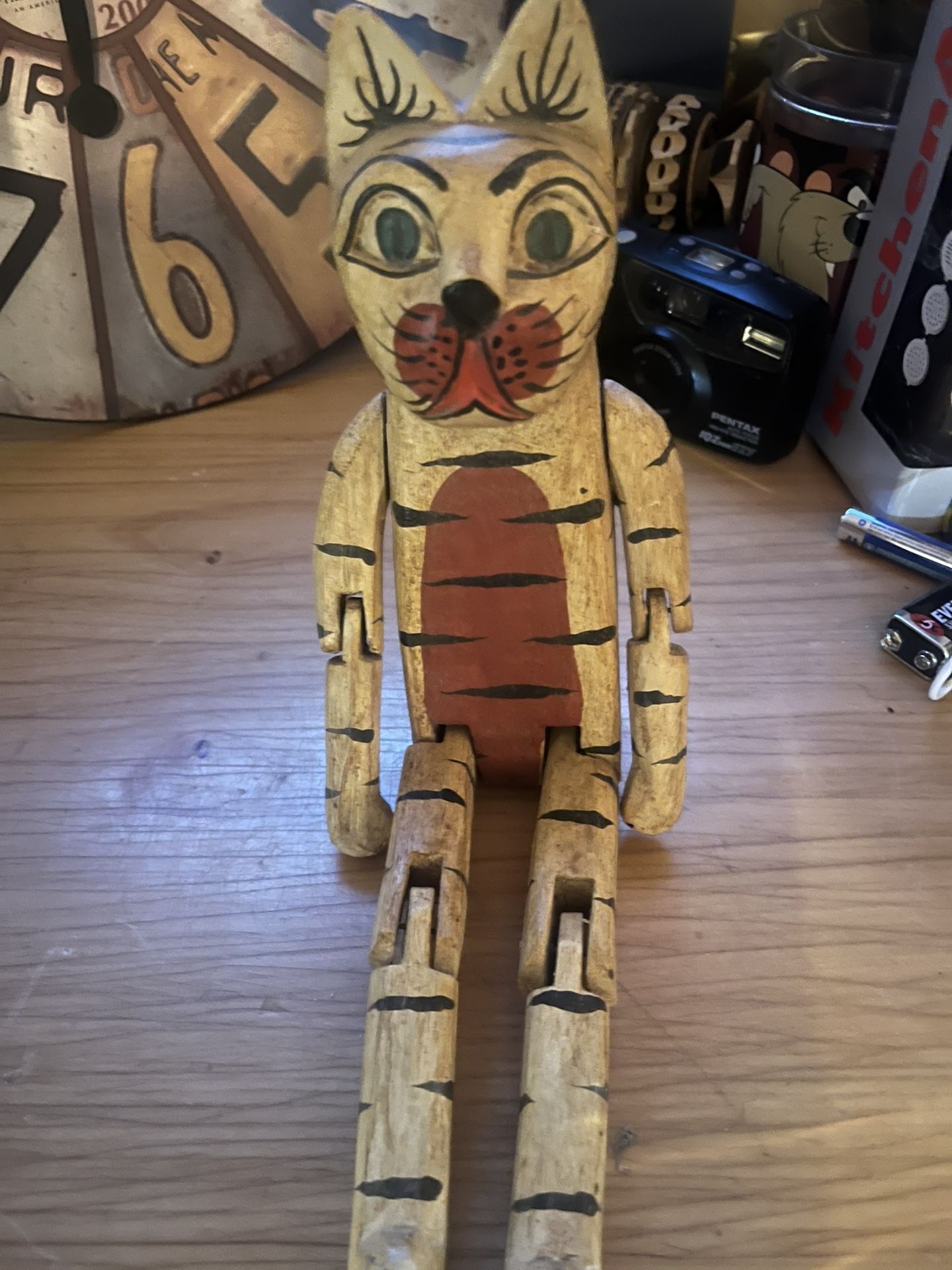 VINTAGE ~ TOY CARVED WOODEN CAT, MOVABLE ARMS & LEGS