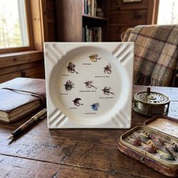 Vintage Hyalyn Fly Fishing Lures Ashtray - MCM Cabin Decor Porcelain