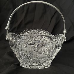 Small 7" Hofbauer "Byrdes" Collection Crystal Basket  Metal Handle 