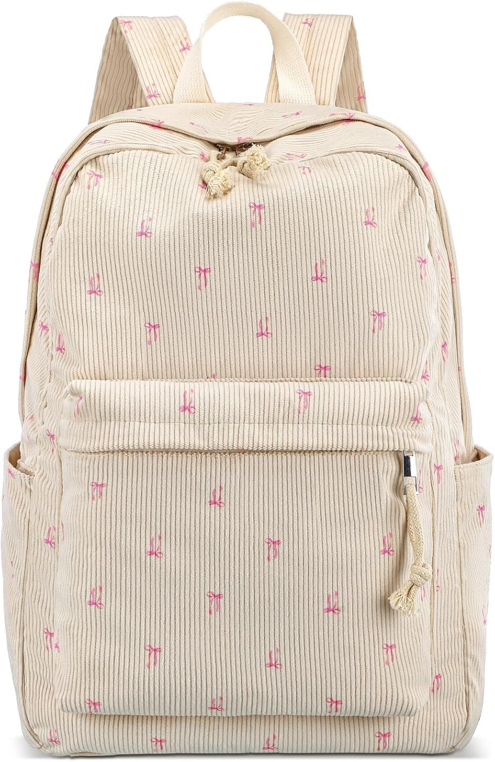 Stylish lightweight Supersoft, cream/ pink bows corduroy teen/ elementary book bag. Color: cream w/ pink bows , breast cancer awareness.  