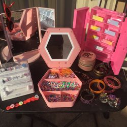 pink Make Up Jewelry Mirror led lights Vanity  drawers Boxes Storage containers bracelets necklaces rings
