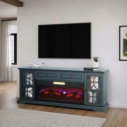 74” TV Stand with Electric Fireplace – Dark Blue | Storage Console