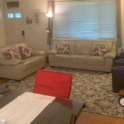 MACY’S Beige Leather Sofa And Love Seat For Sale