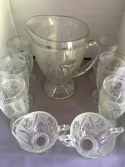 Vintage Iris & Herringbone pitcher, 6 glasses cream & sugar