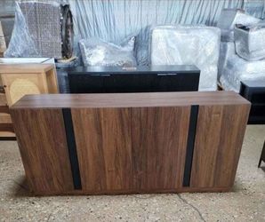70" 4 Door Tv Entertainment in Dark Walnut  & Black Metal