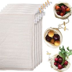 Organic Cotton Mesh Produce Bags - Reusable Produce Bags - Washable Vegetable Bags for Refrigerator - Grocery & Storage Bags - Set of 5 Large Bags