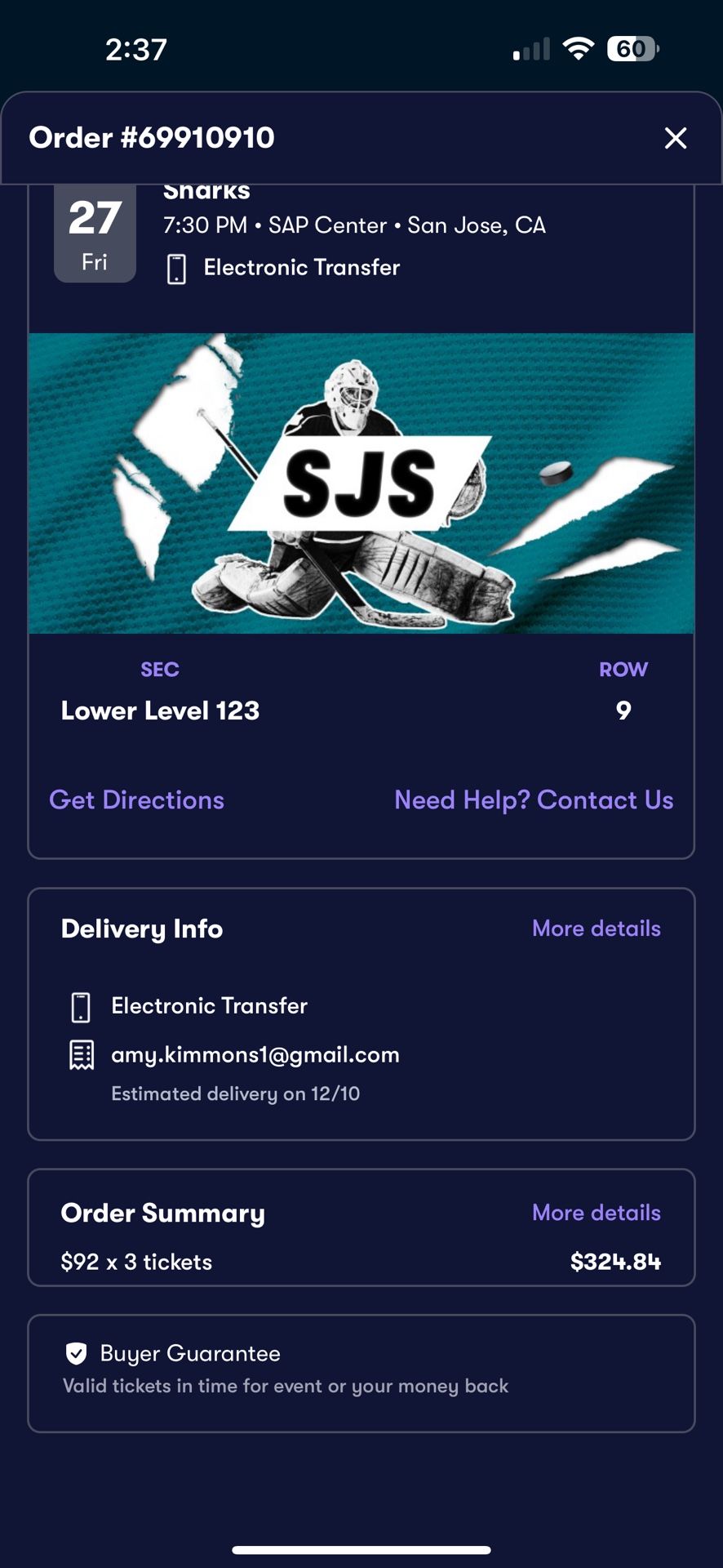 3 Tickets For San Jose Sharks Game December 27
