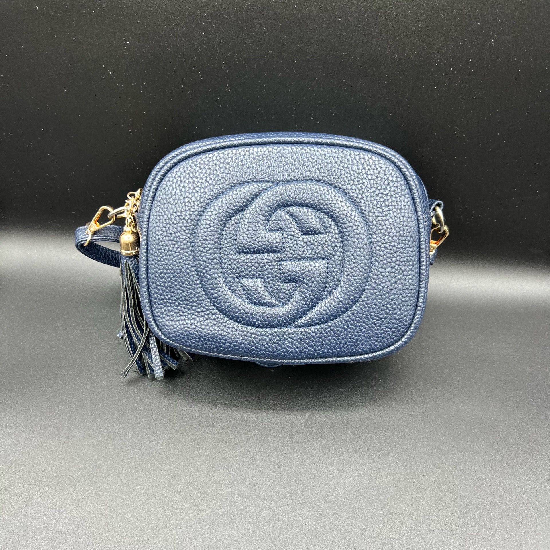 Navy Blue Pebbled Faux Leather Crossbody Bag Tassel